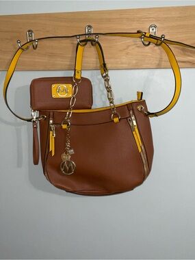 Mia K. Collection Brown & Yellow Leather Chain-Accent Shoulder Bag & Wallet set